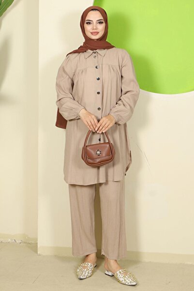hafsamina Double Suit with Shirred Shirt Mink Hm2689