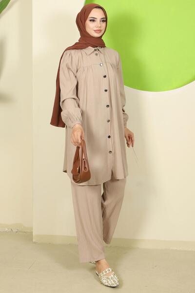 hafsamina Double Suit with Shirred Shirt Mink Hm2689