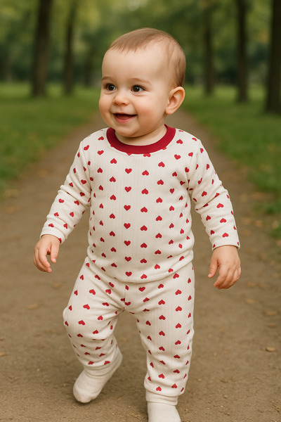 tuma collectıon Seasonal Heart Pattern Girls' Ribbed Cotton Pajama Set Long Sleeve Top Comfortable Bottom 1-2-3 Years Old