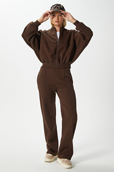 Ritnice Kadın Darcy İçi Polarlı Oversize Kalıp Kahverengi Alt Üst Eşofman Takımı