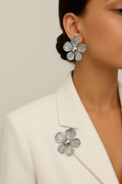 MRK Kadın Papatya Flower Çiçek Küpe ve Broş Set