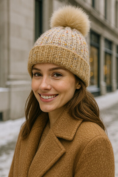 Luminos Butik Women's Camel Pompom Wool Beret Bere1142