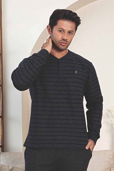 ALİMER Erkek 3 Düğme Çizgili Kışlık Pamuklu Selanik Kumaş Uzun Manşetli Kol Cepli Pijama Takımı