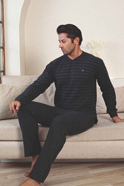 ALİMER Erkek 3 Düğme Çizgili Kışlık Pamuklu Selanik Kumaş Uzun Manşetli Kol Cepli Pijama Takımı