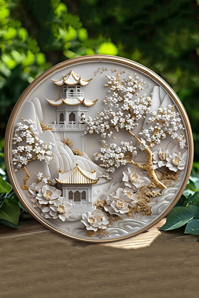 kutuTR Asya mimarisi ve ağaç tasarımlı UV Baskılı 3D GÜRÜNÜMLÜ MDF Duvar Süsü – 33x33 cm & 20x20 cm DT130