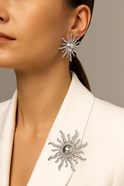 MRK Kadın Flower Güneş Küpe ve Broş Set