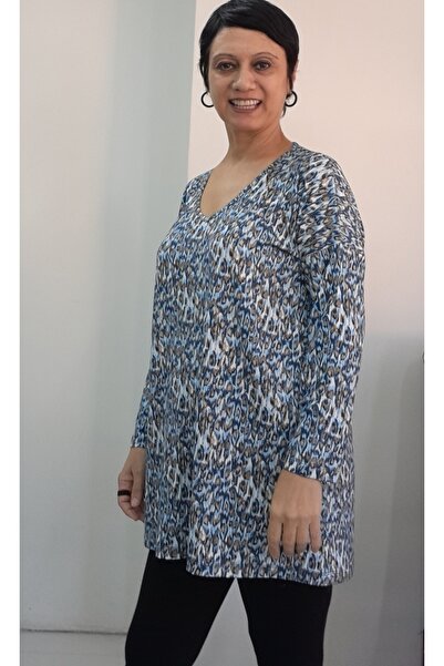 Mertcan Butik Tricou din viscoză cu mânecă lungă, cu decolteu în V, cu model latte albastru, mărime întreagă