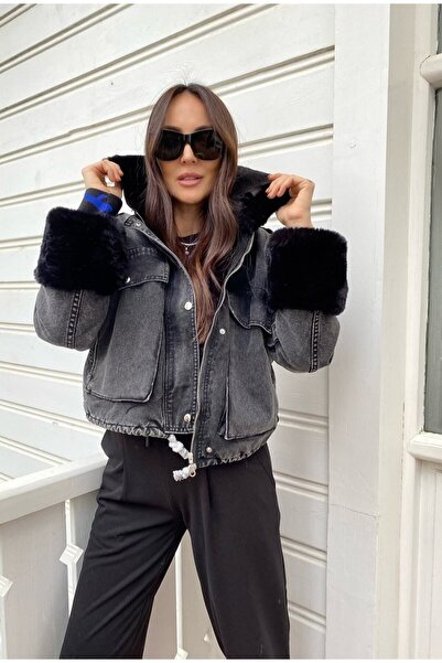 ibeeka معطف نسائي من الدنيم مع ياقة من الفرو وتفاصيل على الأكمام، معطف مخملي ...