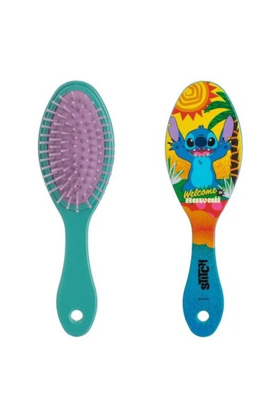 Lilo & Stitch Oval Hair Brush Stitch, Green/Lilac, 18cm, for Kids, 4+ Years, with Colorful 'Welcome to Hawaii' Des