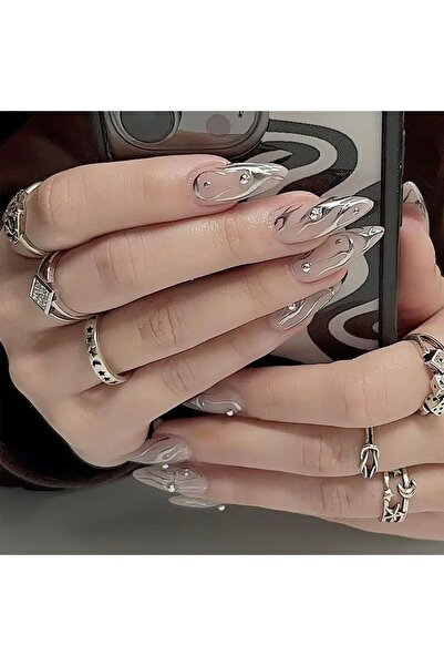 Lusy Shop 24 Parça Badem Gothic Yapıştırma Gümüş Parıltılı Takma Tırnak – Yap...