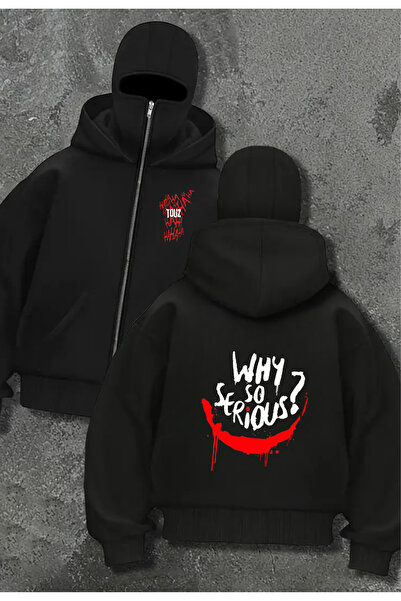 Toum Cardigan cu glugă unisex negru cu fermoar, detaliat cu mască, din colecț...