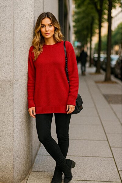 KOZİA OUTDOORS Oversize Rahat Kalıp renkli Bisiklet Yaka Triko Kazak