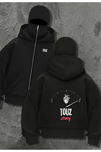 Toum سترة كارديجان بقلنسوة سوداء كبيرة الحجم بتفاصيل قناع من مجموعة توز للجنسين