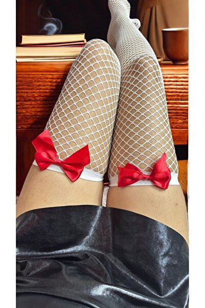 DOSESA Women's Fishnet Bow Detailed Fancy Garter Stockings