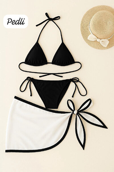 Beruflic Women's Black and White Pareo Side and Neck Tie 3-Piece Bikini Set