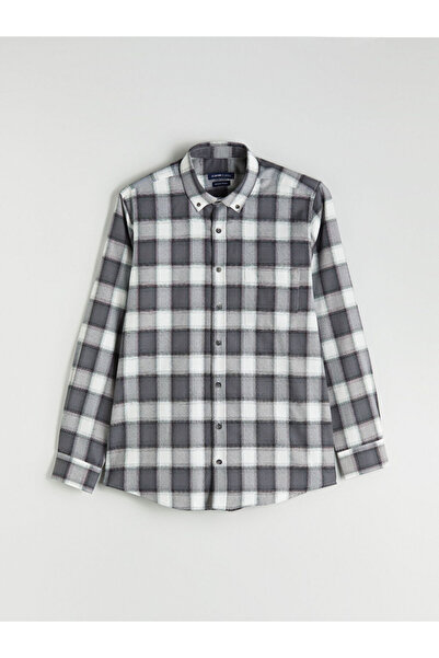 LC Waikiki Μαύρο ανδρικό πουκάμισο με μακρυμάνικο καρό σχέδιο κανονικής εφαρμ...