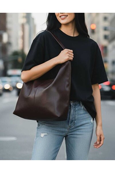 FEMORE Modern Tasarım Kahverengi Büyük Boy Suni Deri Omuz Çantası