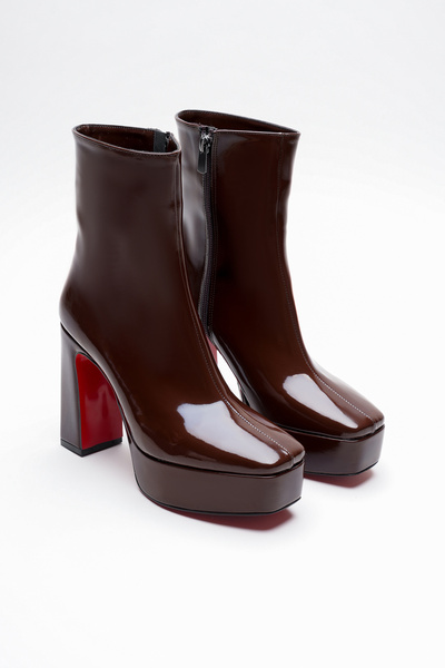 Ayakkabı Ateşi Kahve Rugan Platform Tasarım Kadın Çizme Orta Topuklu Ayakkabı Vito
