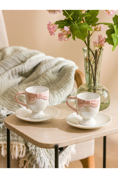 LC Waikiki Bow Print Double Coffee Cup Set for 2 People 90 ml (Pink Bow Print Double Coffee Cup)