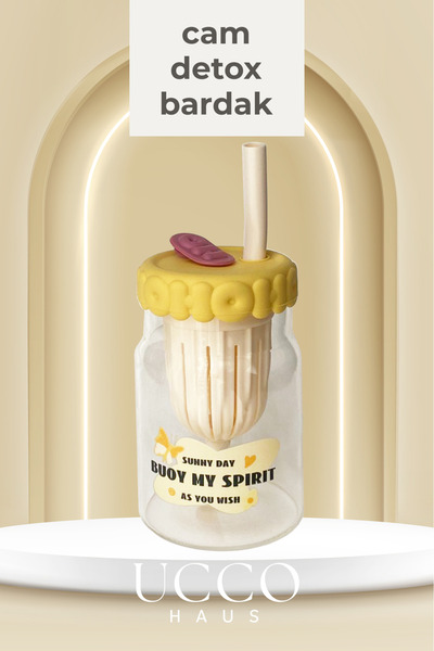 UCCO 550ml Spirit Desenli Pipetli Cam Detox Matara Bardak - Süt, Su, Meşrubat, Limonata Sunum Bardağı