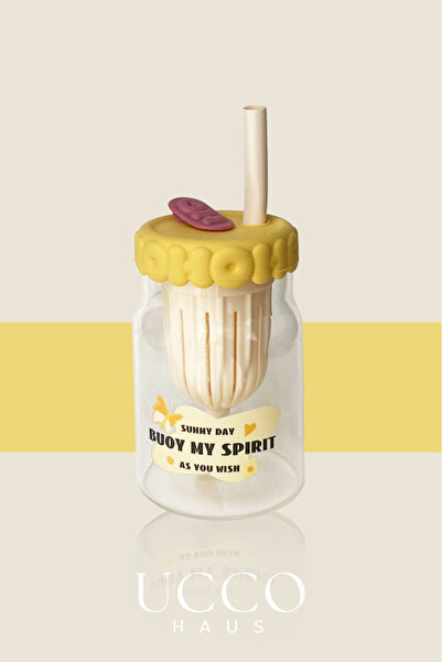 UCCO 550ml Spirit Desenli Pipetli Cam Detox Matara Bardak - Süt, Su, Meşrubat, Limonata Sunum Bardağı