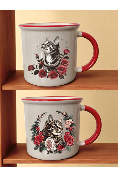 lili hediyelik كوب أحمر مطبوع عليه زهور وقطط - هدية ليوم المعلم، هدايا تذكارية