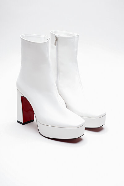Ayakkabı Ateşi White Patent Leather Platform Design Women's Boots Mid-Heeled Shoes Vito