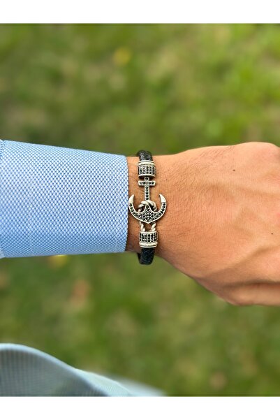 Genel Markalar Erkek bileklik Zirkon İşlemeli Çapa Figürlü Hakiki Deri Bileklik