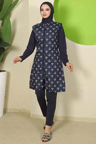 hafsamina Anchor Pattern Vest Full Covered Hijab Swimsuit Navy Blue Hm2809