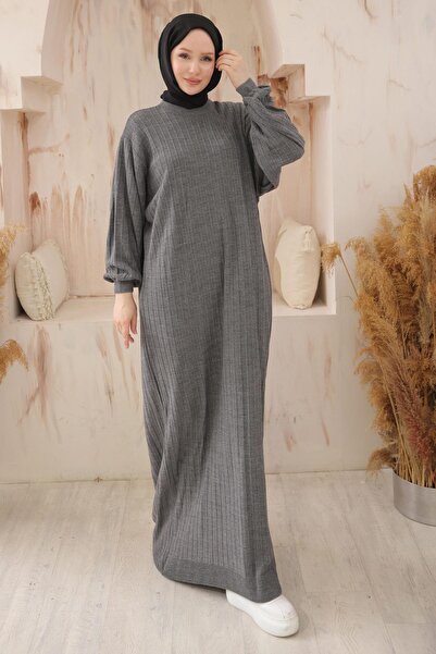 hafsamina Bisiklet Yaka Balon Kol Triko Elbise Antrasit HM2518