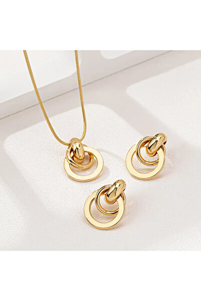 İnci Mercan Bujiteri Geometrik Yuvarlak Takı Seti - Kolye + Küpe - Gold Set