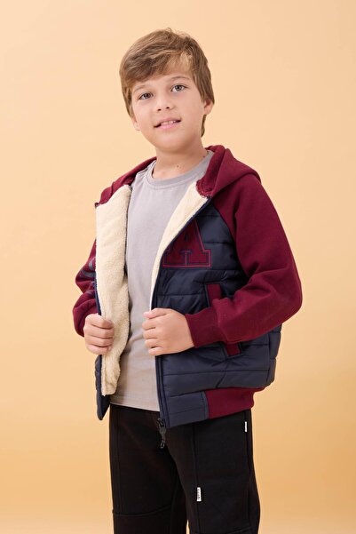 Perendi Boys' Plush-Lined Quilted Hooded College Jacket – Navy Blue