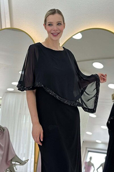 the ZKS Black Plus Size Chiffon Cape Sleeve Detail Evening Dress
