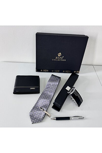 velve Set pentru barbati JESOU COLLECTION, cutie cu portofel, cravata cu ac, pix si curea, Negru