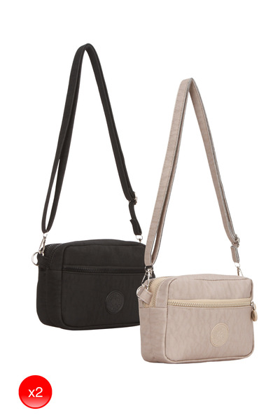 Adelina Bags 2 Pieces Shoulder Bag Crossbody Daily Three Compartment Black and Mink Women's Bag
