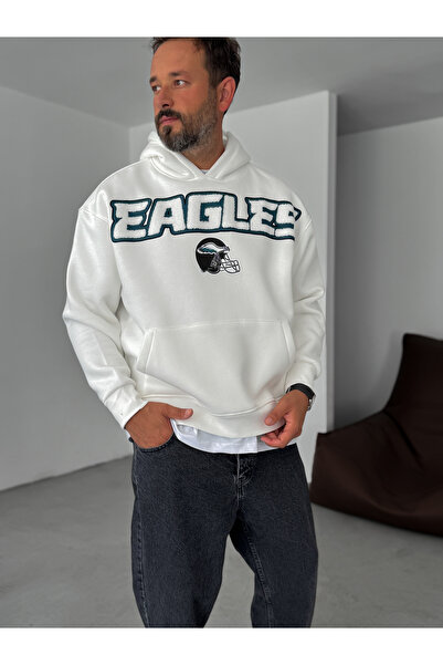 BYBASICMAN Beyaz Eagles Nakışlı Kapüşonlu Sweatshirt JJ-220