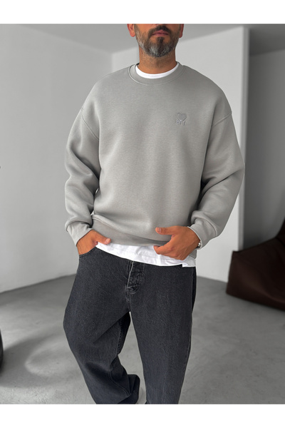 BYBASICMAN Gri Kalp Nakışlı Basic Oversize Sweatshirt TW-7080