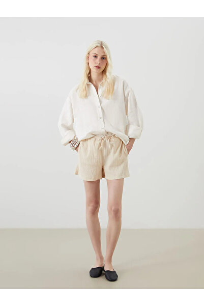 LC Waikiki LCW VisionEcru Damen-Shorts aus strukturiertem Musselin mit elasti...