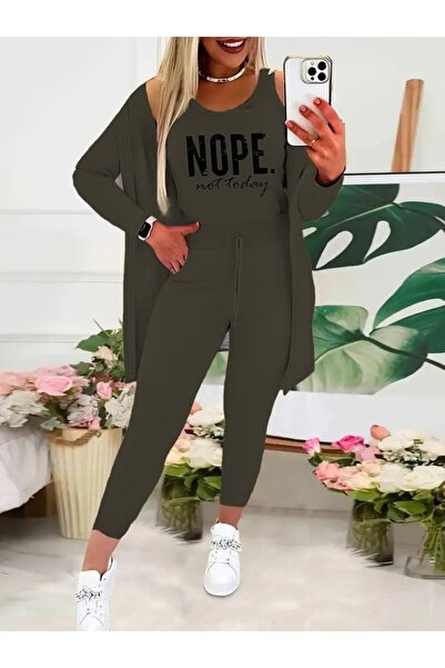 Masspera Women's Strappy Round Neck Letter Print Blouse Jacket and Pants Bottom-Top Three-Piece Set