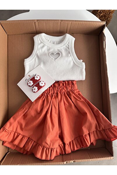 ArdenKids 2-7 Yaş Ekru Kalp Detaylı Crop & Kiremit Şort (toka hediyeli)