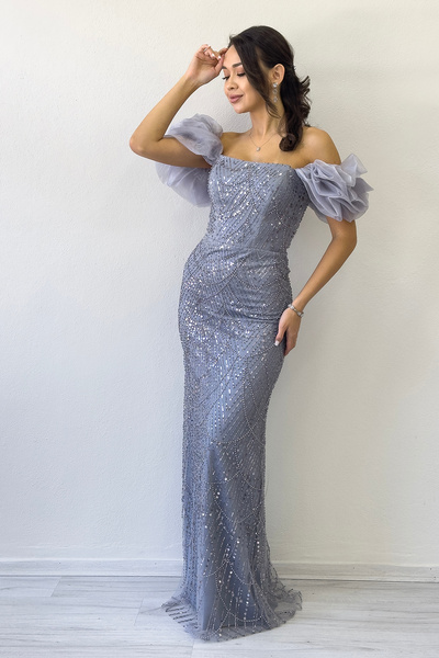 zks grup tekstil Off Shoulder Fish Design Sequin Evening Dress White, Black, Grey, Navy Blue, Lilac