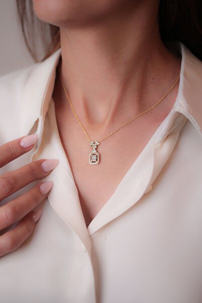 Kiriş Gümüş 925 Ayar Gümüş Altın Yaldızlı Baget Kadın Gümüş Kolye (40+5CM (Gold)