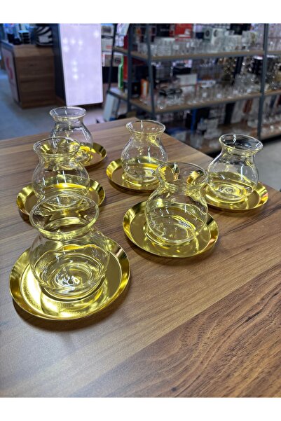 ARS HOME DEKOR Metal Bardak Altlığı,Cam Tiryaki Bardaklı Çay Seti,6 Kişilik12Parça Çay Takımı,Lüks,Metal Çay Tabağı