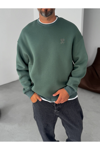 BYBASICMAN Koyu Yeşil Kalp Nakışlı Basic Oversize Sweatshirt TW-7080