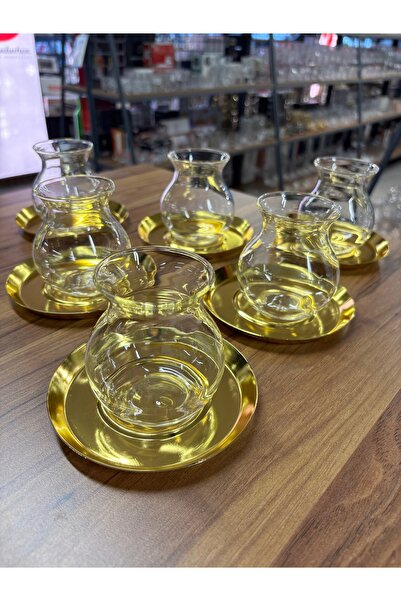 ARS HOME DEKOR Metal Bardak Altlığı,Cam Tiryaki Bardaklı Çay Seti,6 Kişilik12Parça Çay Takımı,Lüks,Metal Çay Tabağı
