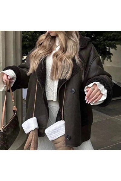 zoezoe Acı Kahve Düğmeli Peluş Lamine Deri Mont