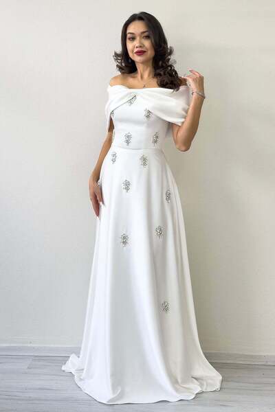 zks grup tekstil Bow Collar Stone Detailed Satin Evening Dress Powder, Red, White