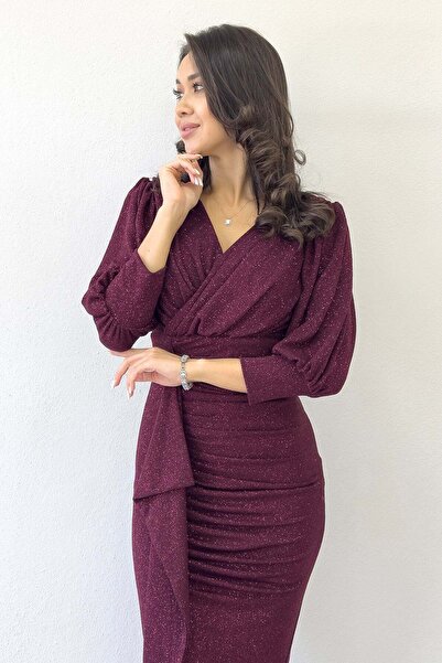 zks grup tekstil Balloon Sleeve Glitter Draped Flounce Detail Mermaid Evening Dress White, Indigo, Burgundy, Navy Blue, Purple, Black