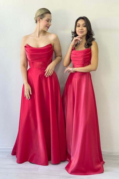 zks grup tekstil Red Strapless Corset Detail Beaded Backless Evening Dress
