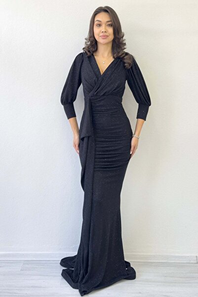 zks grup tekstil Balloon Sleeve Glitter Draped Flounce Detail Mermaid Evening Dress White, Indigo, Burgundy, Navy Blue, Purple, Black